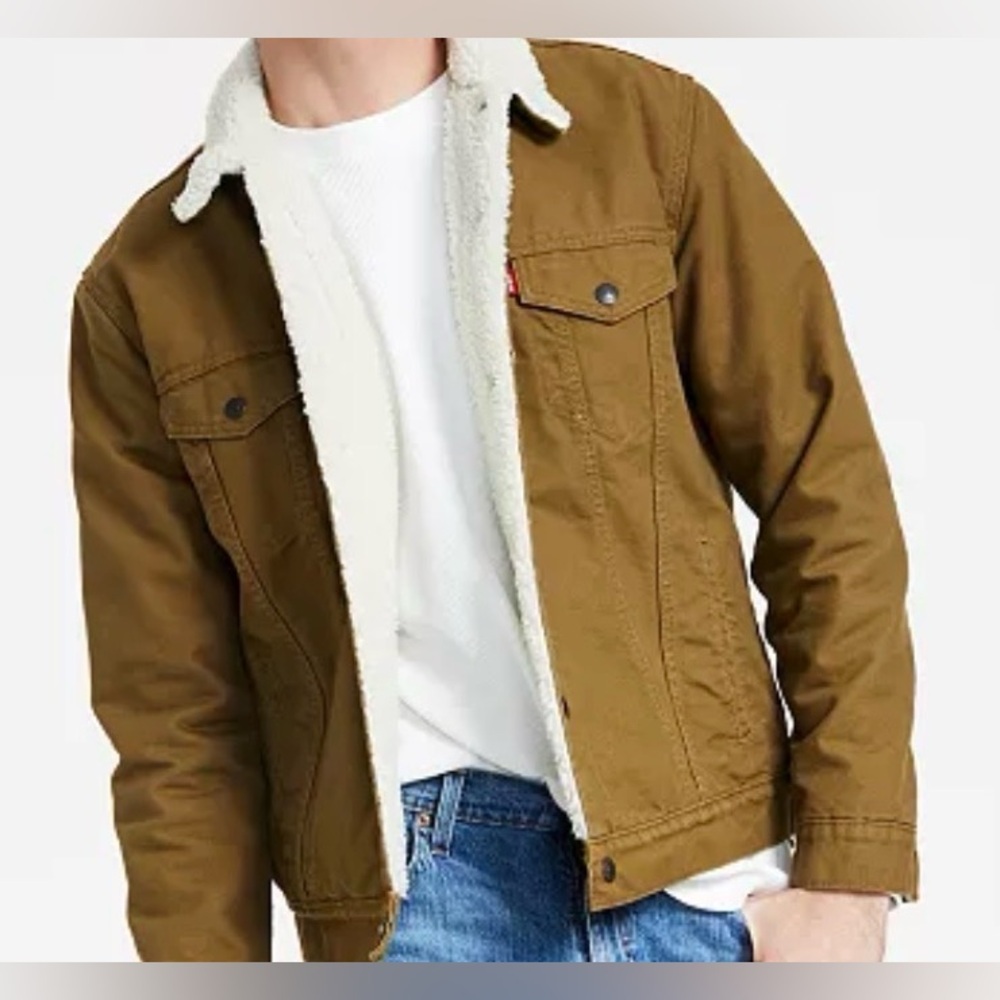 Levi's Classic Khaki Tan Brown Sherpa-Lined Trucker Jacket Men’s XL - Picture 4 of 9